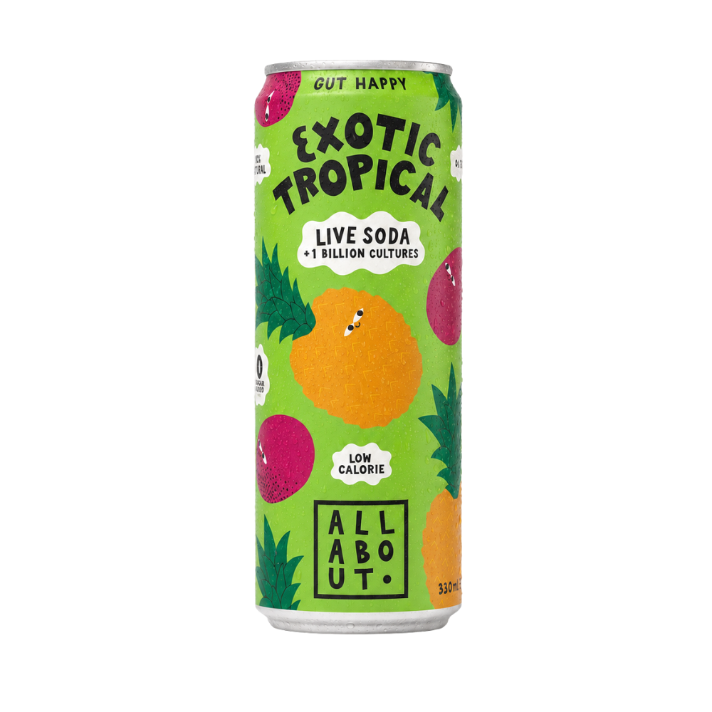 All About Kombucha 330ml can of tropical live organic soda with colourful fruit characters on a vibrant green background, highlighting real fruit and 100% natural ingredients