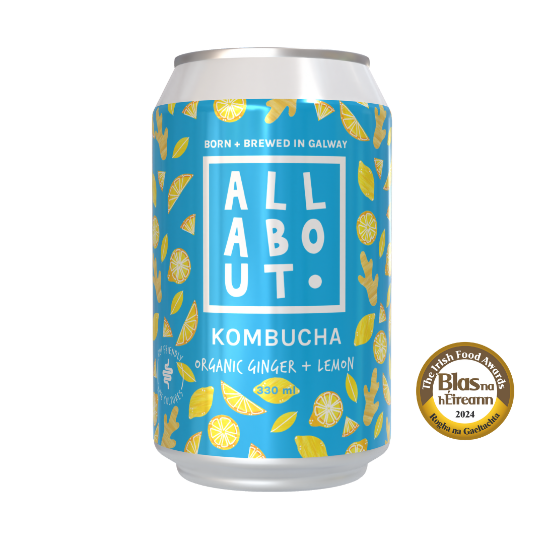 All About Kombucha 330ml can of organic ginger and lemon kombucha with bright blue label and 2024 Blas na hÉireann Gaeilge award badge.