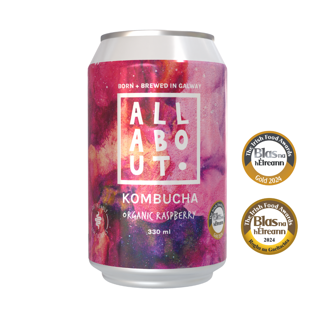 330ml can of All About Kombucha organic raspberry kombucha with 2024 Blas na hÉireann Gold and Gaeilge food award badges.