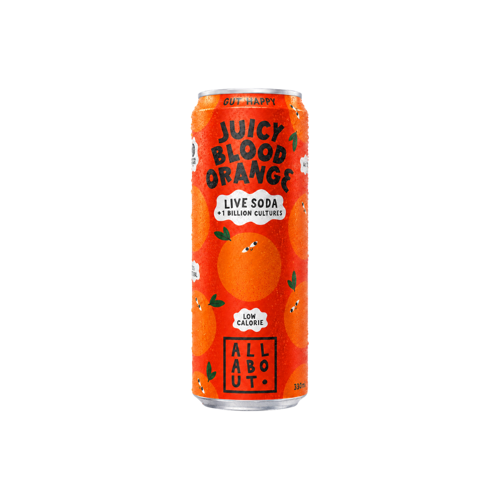 Blood Orange A-Live Soda can with playful citrus-themed design and All About Kombucha branding on red-orange label