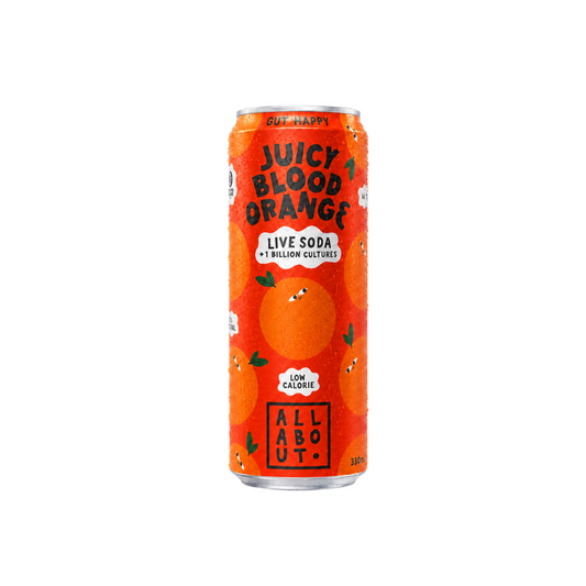 Blood Orange A-Live Soda can with playful citrus-themed design and All About Kombucha branding on red-orange label