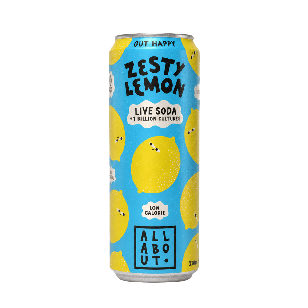All About Kombucha 330ml can of lemon live organic soda featuring playful yellow lemon illustrations on a blue background, highlighting real fruit and gut-friendly benefits. 