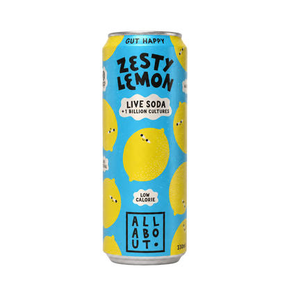 All About Kombucha 330ml can of lemon live organic soda featuring playful yellow lemon illustrations on a blue background, highlighting real fruit and gut-friendly benefits. 