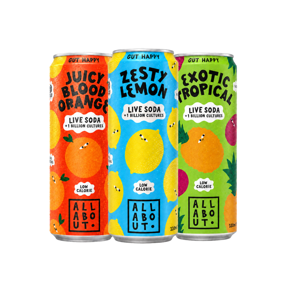Three colourful soda cans labeled 'Juicy Blood Orange', 'Zesty Lemon', and 'Exotic Tropical' with playful fruit illustrations on a transparent background.