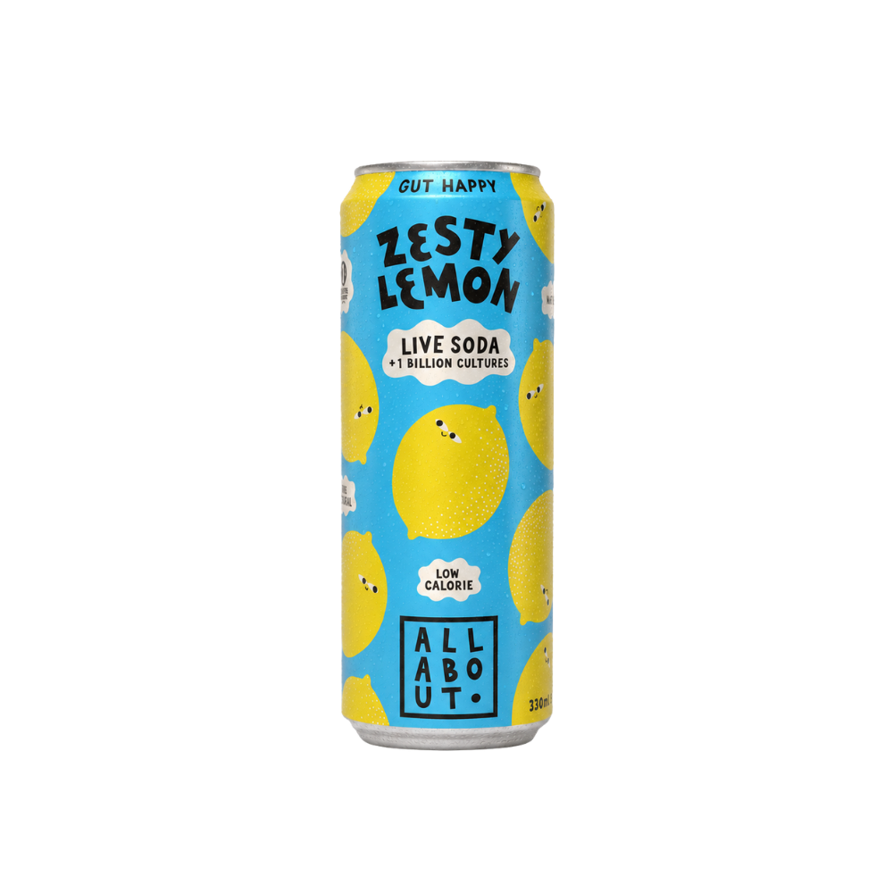 All About Kombucha 330ml can of lemon live organic soda featuring playful yellow lemon illustrations on a blue background, highlighting real fruit and gut-friendly benefits. 