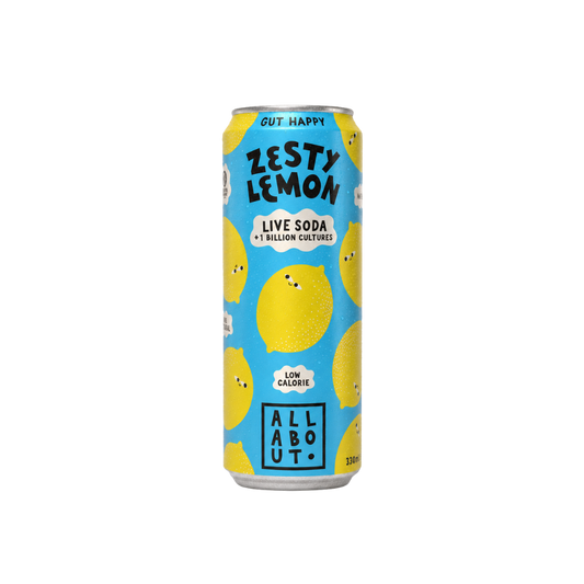 All About Kombucha 330ml can of lemon live organic soda featuring playful yellow lemon illustrations on a blue background, highlighting real fruit and gut-friendly benefits. 