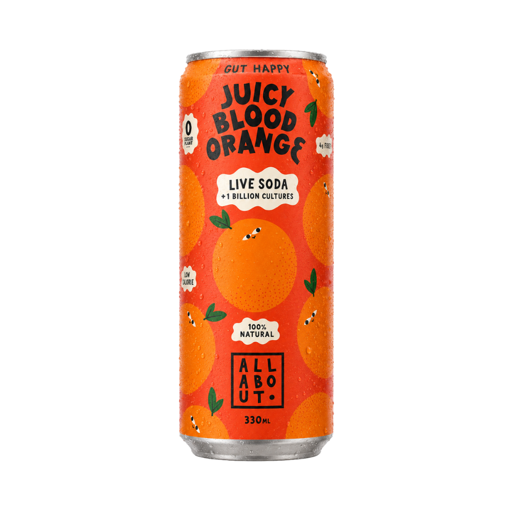 Blood Orange A-Live Soda can with playful citrus-themed design and All About Kombucha branding on red-orange label