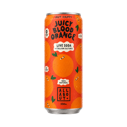 Blood Orange A-Live Soda can with playful citrus-themed design and All About Kombucha branding on red-orange label