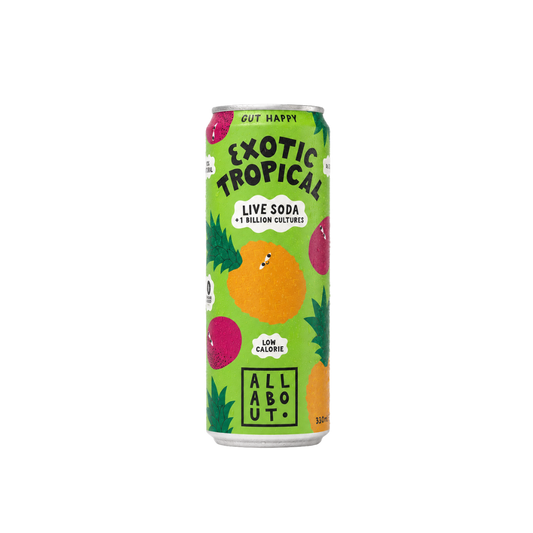 All About Kombucha 330ml can of tropical live organic soda with colourful fruit characters on a vibrant green background, highlighting real fruit and 100% natural ingredients 