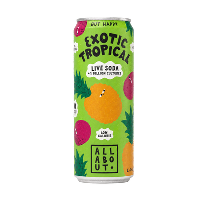 All About Kombucha 330ml can of tropical live organic soda with colourful fruit characters on a vibrant green background, highlighting real fruit and 100% natural ingredients 