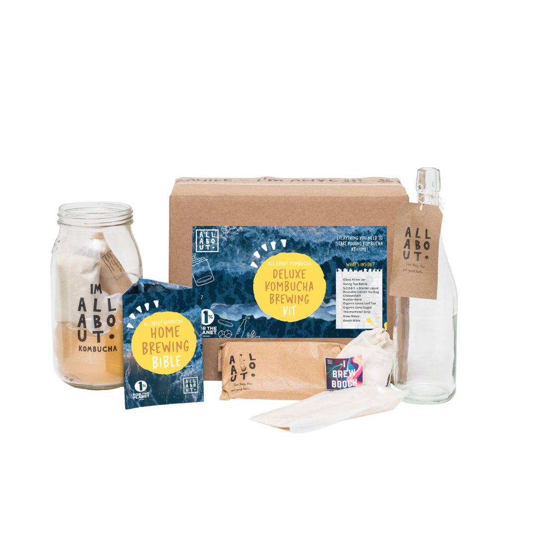 All About Kombucha Deluxe Brewing Kit, including a kombucha brewing guidebook, home brewing bible, glass brewing jar, labeled ingredients pack, reusable cloth, clear swing-top bottle with a tag, and a kraft paper box with detailed product labeling.