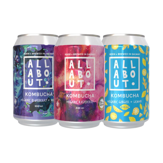Three cans of All About Kombucha in Organic Blueberry & Mint, Organic Raspberry, and Organic Ginger & Lemon flavours – Born and Brewed in Galway, Ireland.