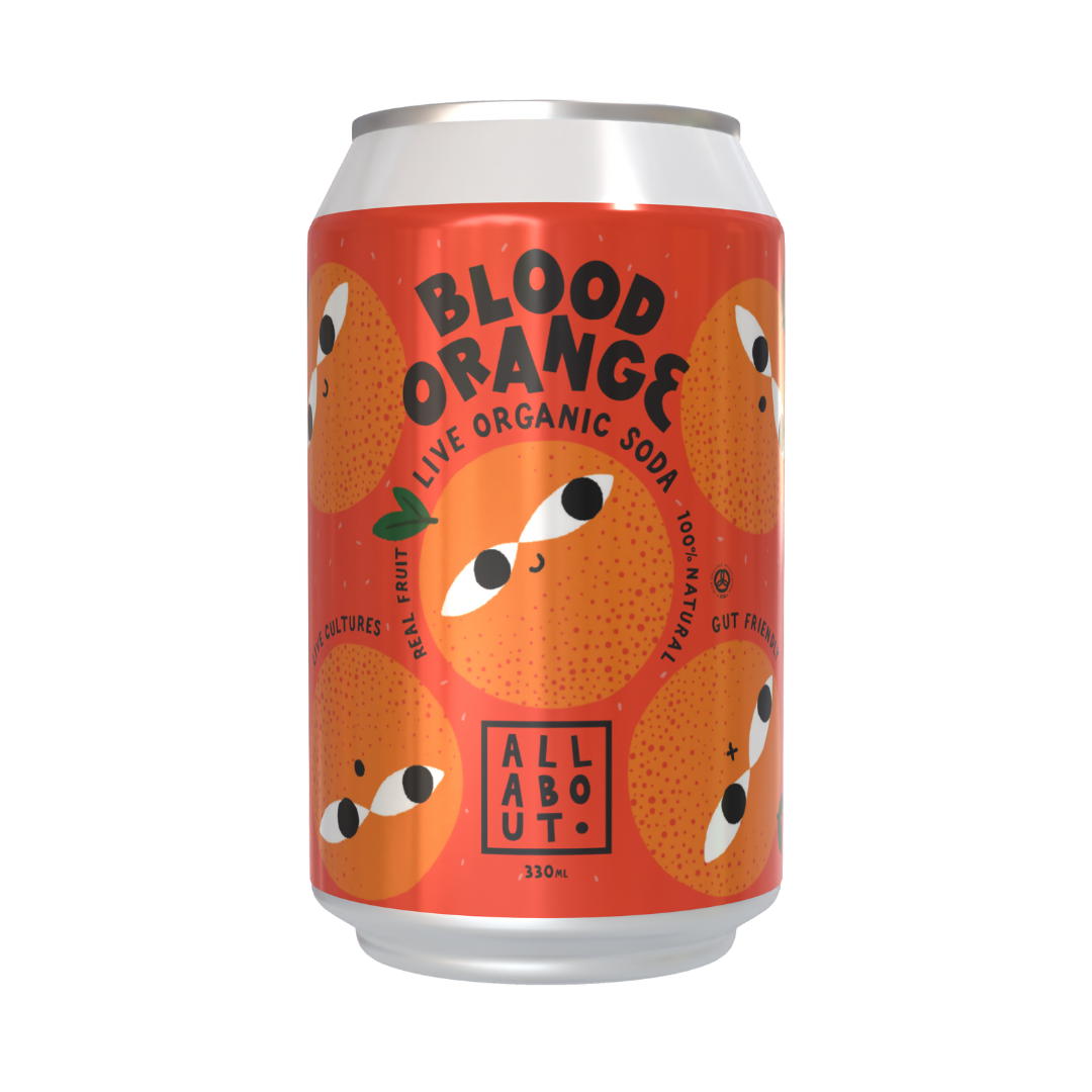 All About Kombucha 330ml can of blood orange live organic soda with fun orange illustrations on a vibrant red background, featuring real fruit and gut-friendly claims.