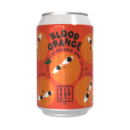 All About Kombucha 330ml can of blood orange live organic soda with fun orange illustrations on a vibrant red background, featuring real fruit and gut-friendly claims.