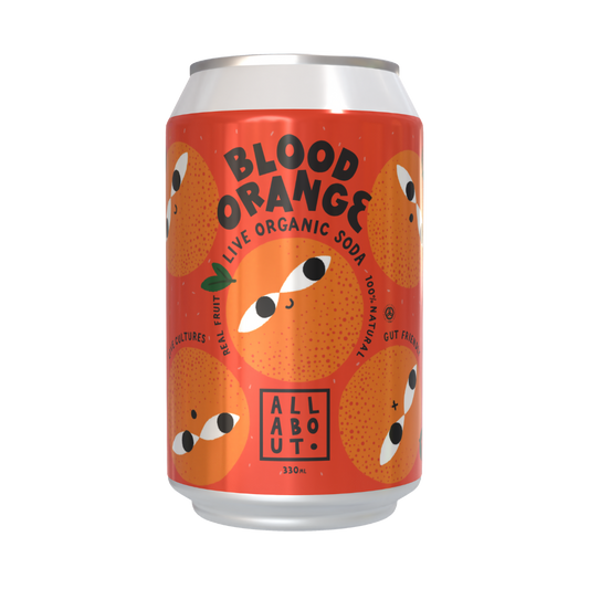 Blood Orange A-Live Soda can with playful citrus-themed design and All About Kombucha branding on red-orange label