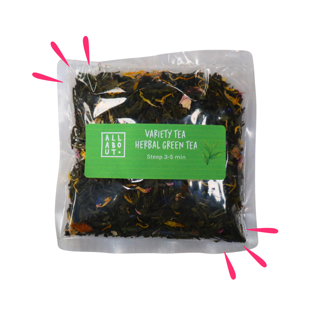 All About Kombucha variety tea pouch labeled Herbal Green Tea, packaged in a clear 3–5 minute steeping pack with a green label and visible loose leaves.