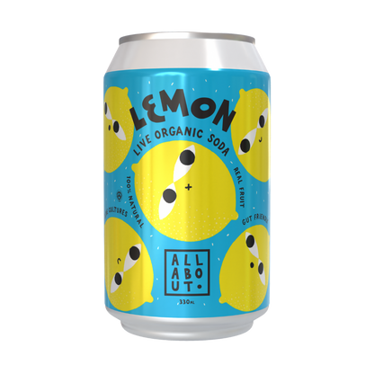 All About Kombucha 330ml can of lemon live organic soda featuring playful yellow lemon illustrations on a blue background, highlighting real fruit and gut-friendly benefits.