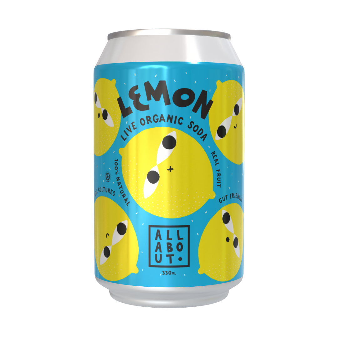 All About Kombucha 330ml can of lemon live organic soda featuring playful yellow lemon illustrations on a blue background, highlighting real fruit and gut-friendly benefits.