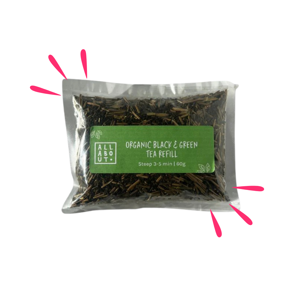 All About Kombucha organic black and green tea refill in a 60g clear pouch with green label, designed for 3–5 minute steeping.